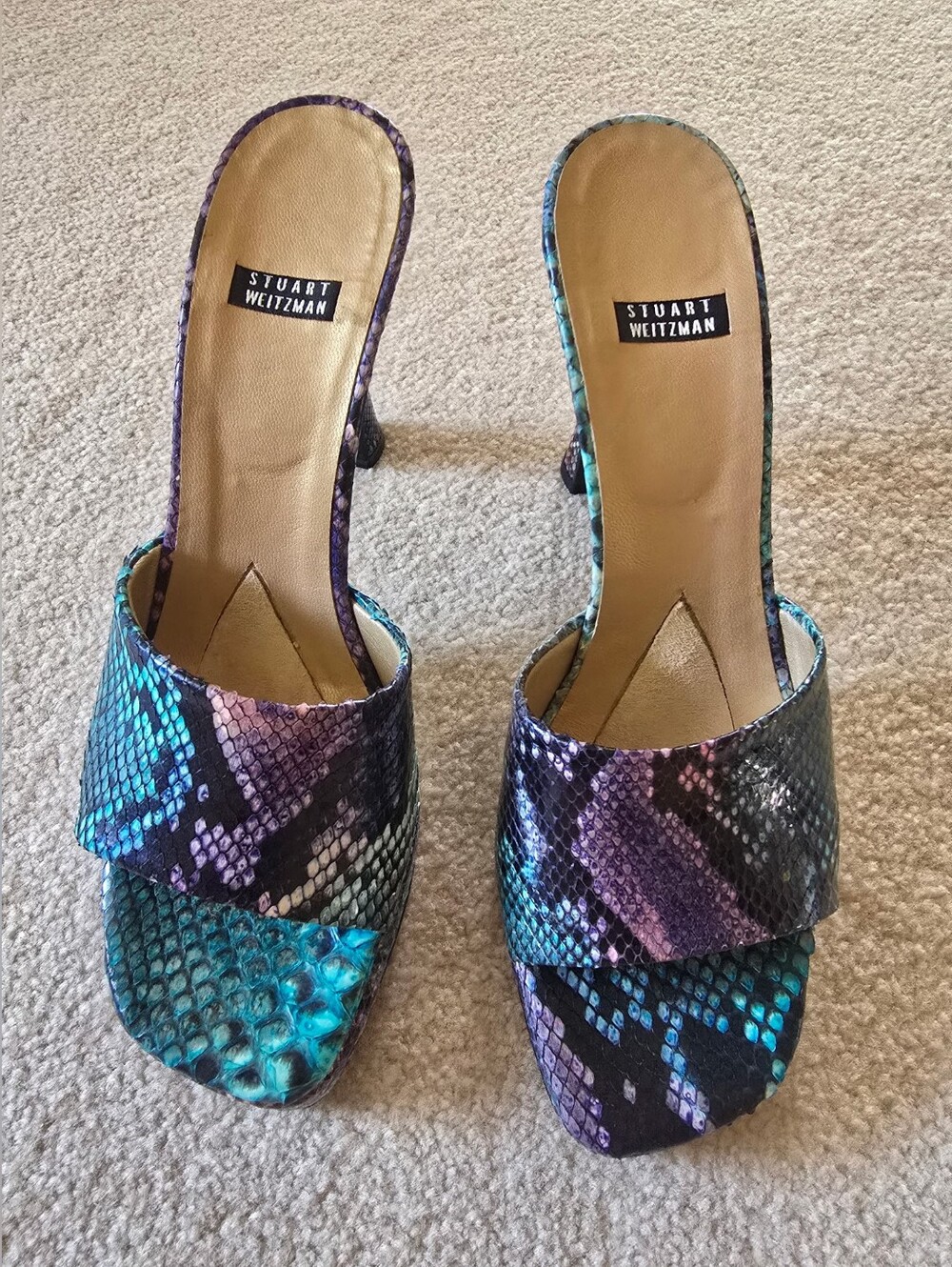 Stuart Weitzman Teal and Purple Snake-Print Slide Mules